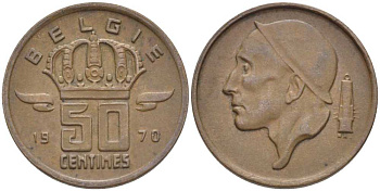 Бельгия 50 сантимов 1970 Belgie, Бодуэн I (1951-1993) KM 149.1 бронза 116-1024
