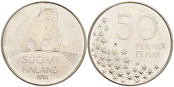 Финляндия 50 пенни 1991 M, полярный медведь KM 66 медно-никель 4528-665