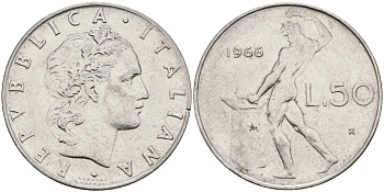 Италия 50 лир 1966 R, бог огня Вулкан у наковальни KM 95.1 нержавеющая сталь 4171-1025