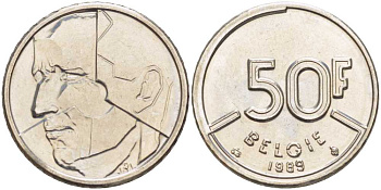 БЕЛЬГИЯ 50 ФРАНКОВ 1989 BELGIE, БОДУЭН I (1951-1993) KM 169 никель 4383-932