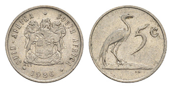 ЮАР 5 центов 1986 герб, райский журавль KM 84 никель 4621-253