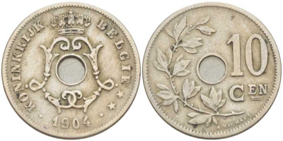 БЕЛЬГИЯ 10 САНТИМОВ 1904 BELGIE KM 53 медно-никель 212-936