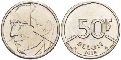 БЕЛЬГИЯ 50 ФРАНКОВ 1989 BELGIE, БОДУЭН I (1951-1993) KM 169 никель 4383-932