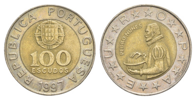 Португалия 100 эскудо 1997 Педру Нуниш (1502-1578), математик KM 645 биметалл 4519-341