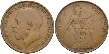 Великобритания 1 пенни 1922 Георг V (1910-1936) KM 810, Spink 4051 бронза 115-224