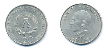 ГДР 20 марок 1971 A, 85 лет со дня рождения Эрнста Тельмана KM 34, J. 1535 медно-никель 3333-515