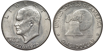 США 1 доллар 1976 D, 200 лет независимости, Эйзенхауэр, колокол, тип II KM 206 медь плакированная медно-никелем 00-00