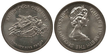 Гернси 25 пенсов 1977 25 лет правления Елизаветы II, крепость KM 31 медно-никель UNC 1078-3-33