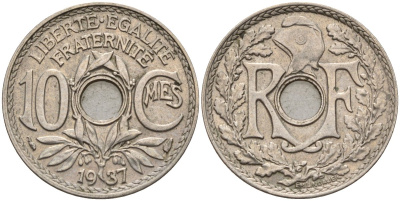 Франция 10 сантимов 1937 KM 866a, Le Franc 138.3 медно-никель 4143-1041