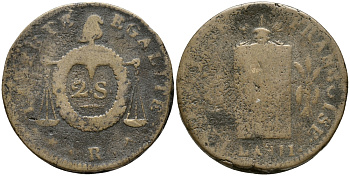 ФРАНЦИЯ 2 СОЛЯ 1793 R, L'AN II KM 621.11 (С123.10) бронза 413-2945