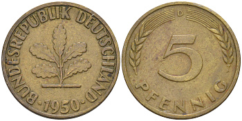 ФРГ 5 пфеннигов 1950 D KM 107, J. 382 сталь плакированная латунью 55-1236