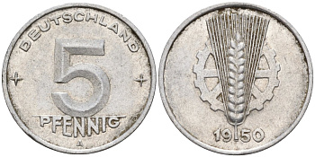 ГДР 5 пфеннигов 1950 A KM 2 алюминий 4596-559