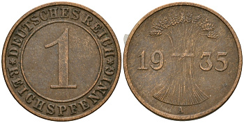 Германия 1 рейхспфенниг 1935 A KM 37, J. 313 бронза 4528-247
