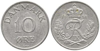 ДАНИЯ 10 ЭРЕ 1958 C; S, ФРЕДЕРИК IX (1947-1972) КМ 841.2 медно-никель 100-1138