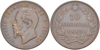 ИТАЛИЯ 10 ЧЕНТЕЗИМО 1863 МОНДВОР ПАРИЖ, ВИКТОР ЭММАНУИЛ II (1861-1878) KM 11.2 медь 4526-724