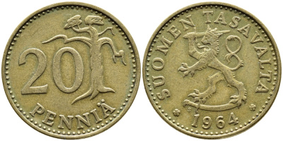 ФИНЛЯНДИЯ 20 ПЕННИ 1964 S KM 47 алюминиевая бронза 4364-4436