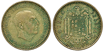 ИСПАНИЯ 1 ПЕСЕТА 1966 (73) ФРАНСИСКО ФРАНКО ДИКТАТОР ИСПАНИИ (1939-1975) КМ 796 алюминиевая бронза 72-954