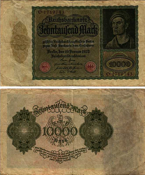 Германия 10000 марок 1922 19 января 1922, Альбрехт Дюрер, без 10000 справа Pick 71  бумага 434-4-1-2