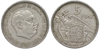 Испания 5 песета 1957 (58) Франсиско Франко (1939-1975) KM 786 медно-никель 4176-132
