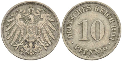 ГЕРМАНИЯ 10 ПФЕННИГОВ 1911 F KM 12, J. 13 медно-никель 31-1125
