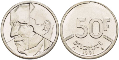 БЕЛЬГИЯ 50 ФРАНКОВ 1991 BELGIQUE, БОДУЭН I (1951-1993) KM 168 никель 210-946