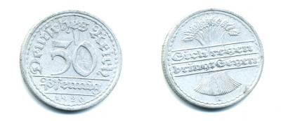 ГЕРМАНИЯ 50 ПФЕННИГОВ 1920 A KM 27, J. 301 алюминий 57-536