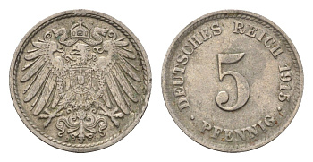 Германия 5 пфеннигов 1915 D KM 11, J. 12 медно-никель 4696-655