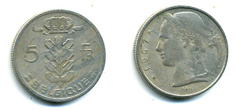 БЕЛЬГИЯ 5 ФРАНКОВ 1967 BELGIQUE KM 134.1 медно-никель 89-1735