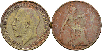 Великобритания 1 пенни 1918 Георг V (1910-1936) КМ 810, Spink 4051 бронза 4593-211