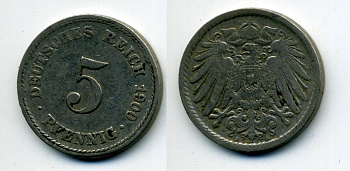 ГЕРМАНИЯ 5 ПФЕННИГОВ 1900 A, KM 11, J. 12 медно-никель 58-1136