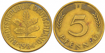 ФРГ 5 ПФЕННИГОВ 1984 D KM 107, J. 382 сталь плакированная латунью 4396-1648