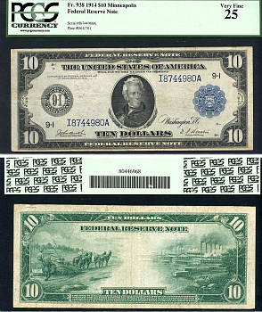 США 10 долларов 1914 National Bank Note, Миннеаполис, Эндрю Джексон - 7-й президент США, голубая серия, в слабе PCGS 25 Fr 938  бумага   452-1-147