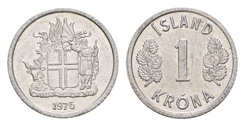 Исландия 1 крона 1976 KM 23 алюминий UNC 4632-957