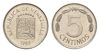 Венесуэла 5 сентимо 1983 год-тип Y 49a сталь плакированная никелем aUNC 4643-911