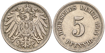Германия 5 пфеннигов 1914 А KM 11, J. 12 медно-никель 4594-368