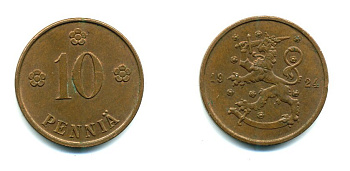 Финляндия 10 пенни 1924 республика (1918-1962) KM 24 медь 46-1927