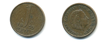 Нидерланды 1 цент 1955 Юлиана (1948-1980) КМ 180 бронза 80-952