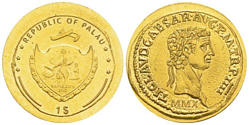 ПАЛАУ 1 ДОЛЛАР 2010 АУРЕЙ ИМПЕРАТОРА КЛАВДИЯ, ПРОБА 999, ВЕС 0,5 ГР. KM 245 золото UNC 4044-1011