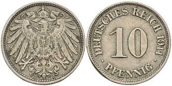 ГЕРМАНИЯ 10 ПФЕННИГОВ 1911 J KM 12, J. 13 медно-никель 31-1143