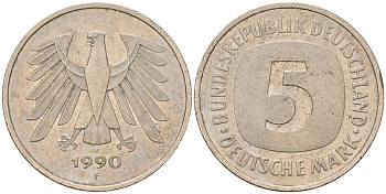 ФРГ 5 марок 1990 F KM 140.1 медно-никель 4557-534