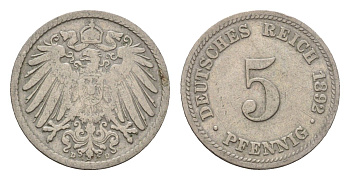 Германия 5 пфеннигов 1892 D, Вильгельм II (1888-1918) KM 11, J. 12 медно-никель 4632-765