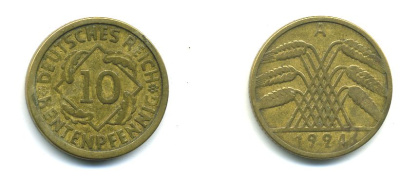 ГЕРМАНИЯ 10 РЕНТЕНПФЕННИГОВ 1924 A KM 33, J. 309, Weege 8 алюминиевая бронза 46-1335