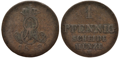 Ганновер 1 пфенниг 1838 B, Эрнст Август (1837-1851) KM 176, AKS 127, J. 53 медь 75-466