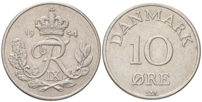 Дания 10 эре 1954 N; S, Фредерик IX (1947-1972) KM 841.2 медно-никель 4613-839