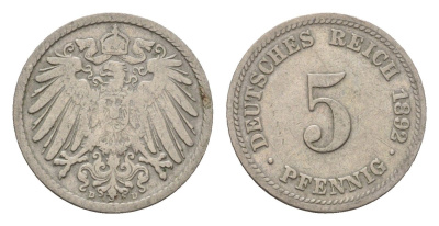 Германия 5 пфеннигов 1892 D, Вильгельм II (1888-1918) KM 11, J. 12 медно-никель 4632-765