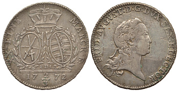 САКСОНИЯ 2/3 ТАЛЕРА 1772 EDC, ФРИДРИХ АВГУСТ III (1763-1806) KM 991 (C 118) серебро 413-4921