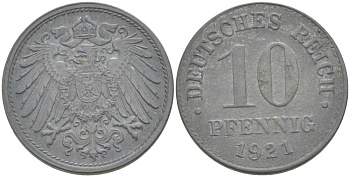 ГЕРМАНИЯ 10 ПФЕННИГОВ 1921 ВЫПУСК 1917-1922 KM 26, J. 299, Weege 8 цинк 212-841