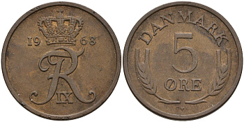 ДАНИЯ 5 ЭРЕ 1968 C; S, ФРЕДЕРИК IX (1947-1972) KM 848.1 бронза 4566-516