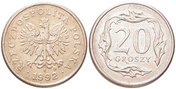 Польша 20 грошей 1992 Y 280 медно-никель UNC 4614-645