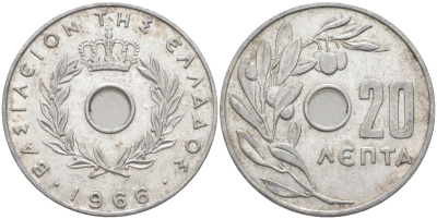 Греция 20 лепта 1966 Константин II (1964-1974), оливковая ветвь KM 79 алюминий 4610-1041